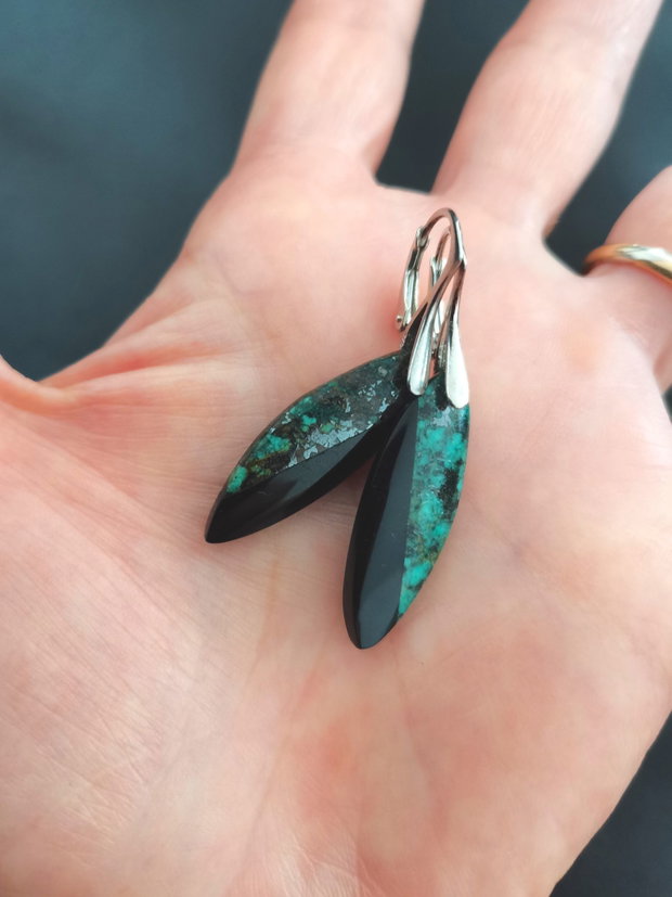 Cercei Turcoaz african, Obsidian si Argint 925 - CE1495 - cercei lungi, cadou iubita, cadou prietena, cristale vindecatoare, cristaloterapie, cadou romantic, cercei obsidian, bijuterii turcoaz, cristale de colectie