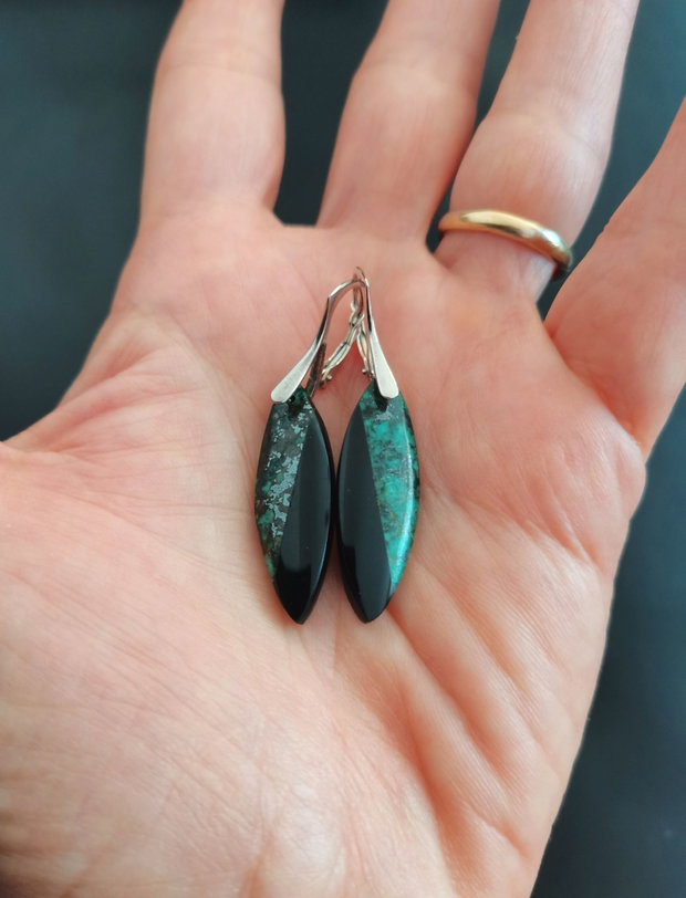 Cercei Turcoaz african, Obsidian si Argint 925 - CE1495 - cercei lungi, cadou iubita, cadou prietena, cristale vindecatoare, cristaloterapie, cadou romantic, cercei obsidian, bijuterii turcoaz, cristale de colectie