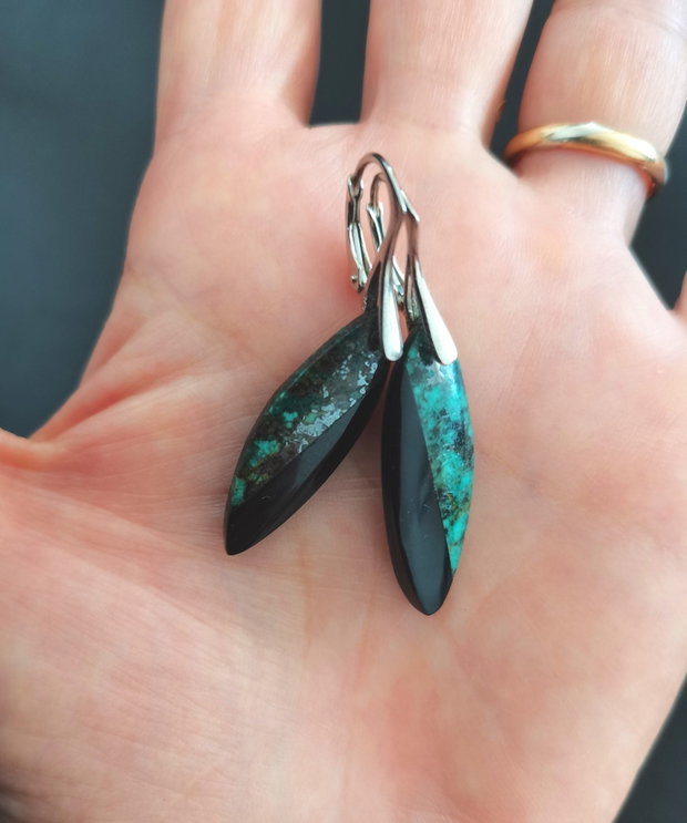 Cercei Turcoaz african, Obsidian si Argint 925 - CE1495 - cercei lungi, cadou iubita, cadou prietena, cristale vindecatoare, cristaloterapie, cadou romantic, cercei obsidian, bijuterii turcoaz, cristale de colectie