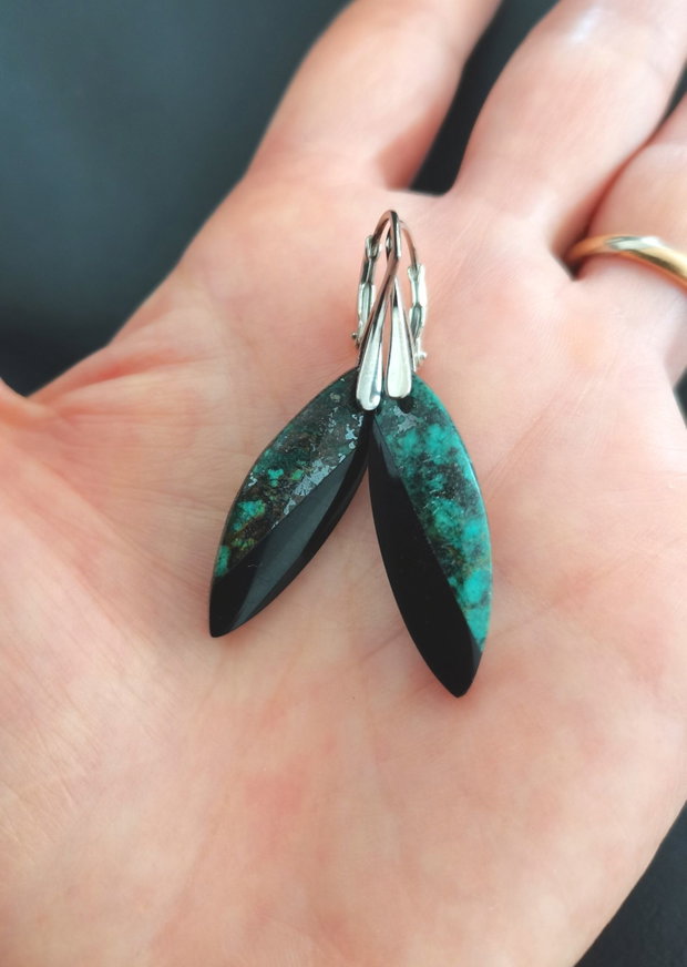 Cercei Turcoaz african, Obsidian si Argint 925 - CE1495 - cercei lungi, cadou iubita, cadou prietena, cristale vindecatoare, cristaloterapie, cadou romantic, cercei obsidian, bijuterii turcoaz, cristale de colectie
