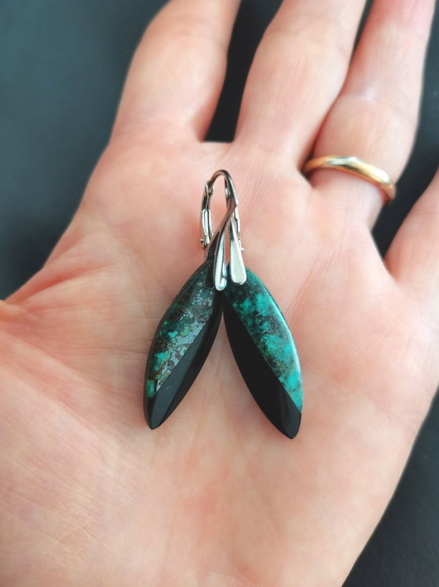 Cercei Turcoaz african, Obsidian si Argint 925 - CE1495 - cercei lungi, cadou iubita, cadou prietena, cristale vindecatoare, cristaloterapie, cadou romantic, cercei obsidian, bijuterii turcoaz, cristale de colectie