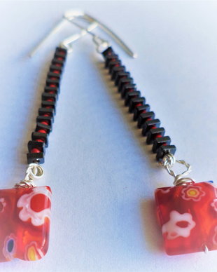 Cercei handmade din hematit,margele myuki toho si millefiori murano