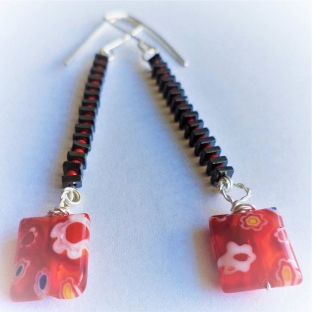 Cercei handmade din hematit,margele myuki toho si millefiori murano
