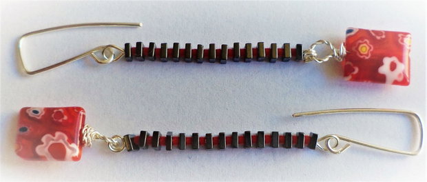 Cercei handmade din hematit,margele myuki toho si millefiori murano