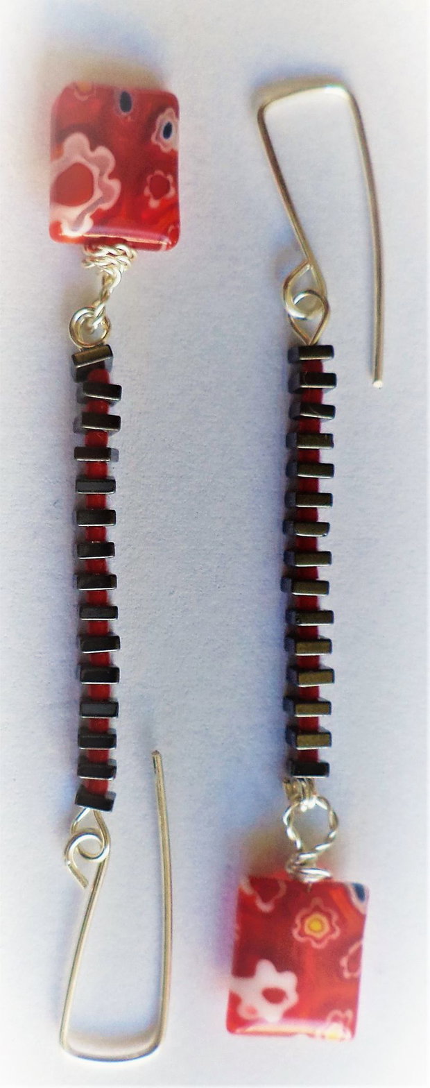 Cercei handmade din hematit,margele myuki toho si millefiori murano