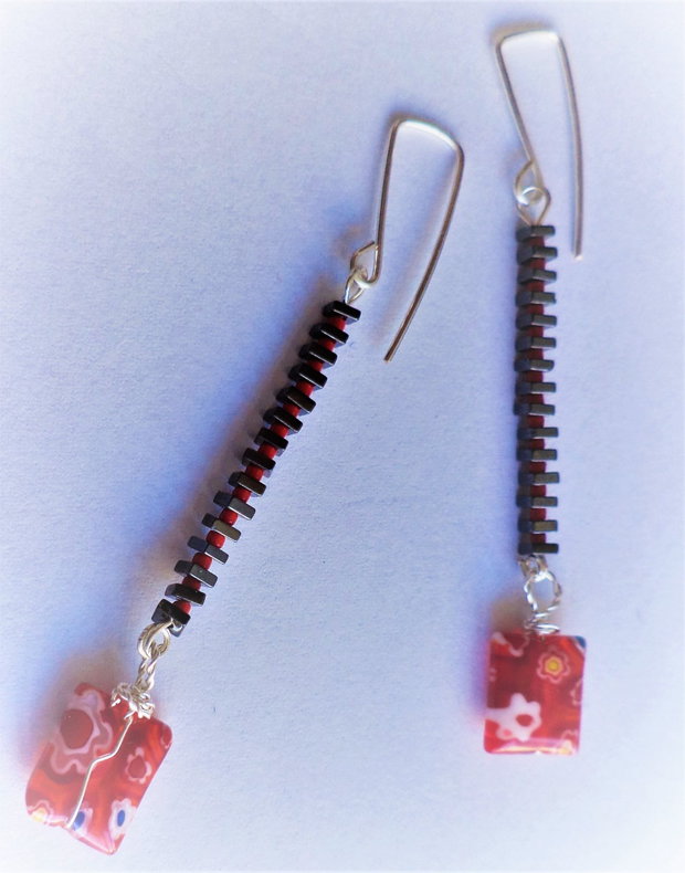 Cercei handmade din hematit,margele myuki toho si millefiori murano