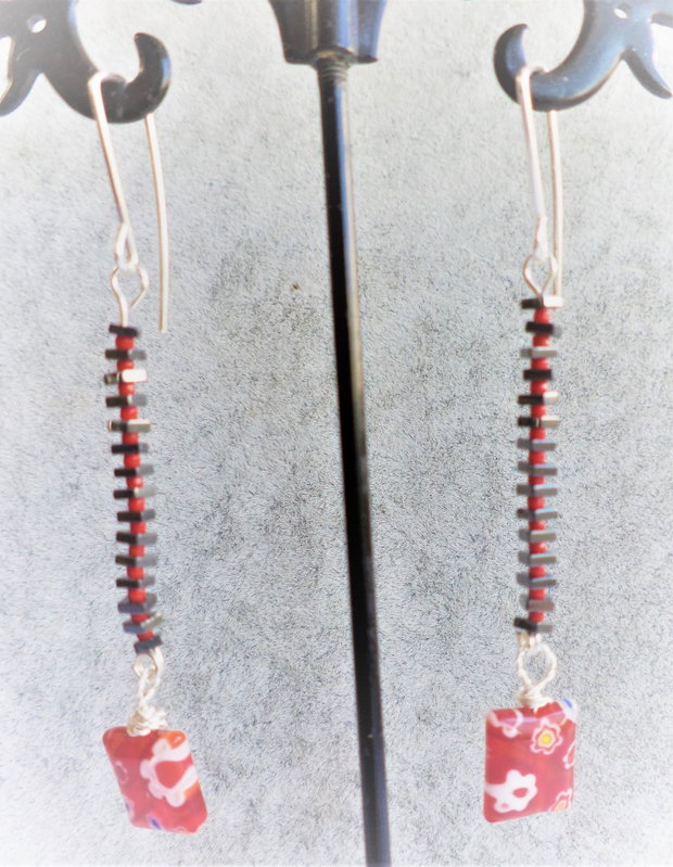 Cercei handmade din hematit,margele myuki toho si millefiori murano