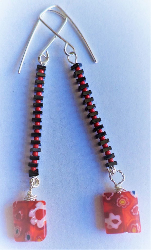 Cercei handmade din hematit,margele myuki toho si millefiori murano