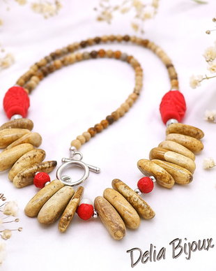 Colier statement handmade unicat - jasp si cinabru (cod1281)