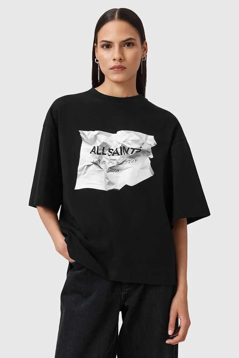 AllSaints bluză SCRUNCH culoarea negru, cu imprimeu, W049JD