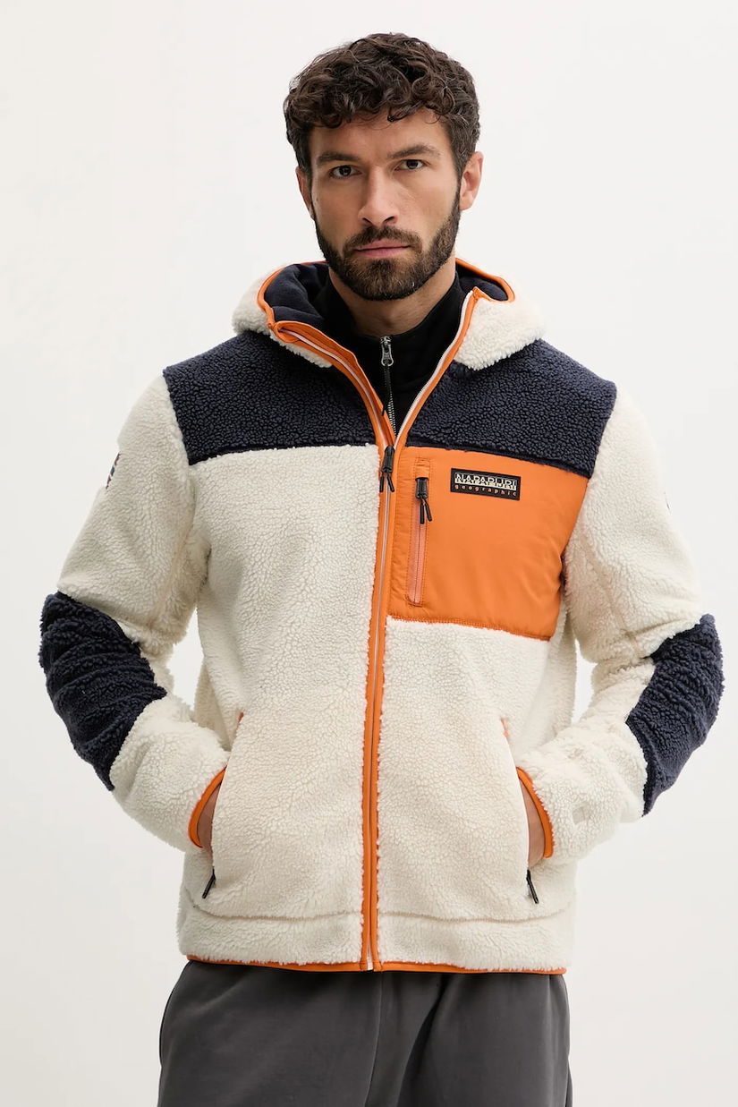 Napapijri hanorac fleece Yupik 3 culoarea bej, cu glugă, cu imprimeu, NP0A4GNSMM91