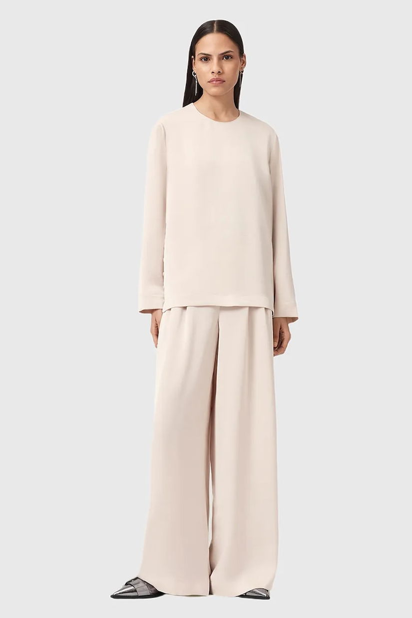 AllSaints pantaloni LEANNE culoarea alb, lat, medium waist, W015TD