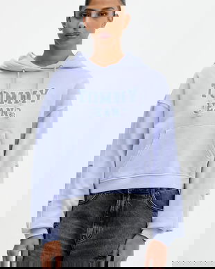 Tommy Jeans hanorac de bumbac cu glugă, cu imprimeu, DW0DW21598