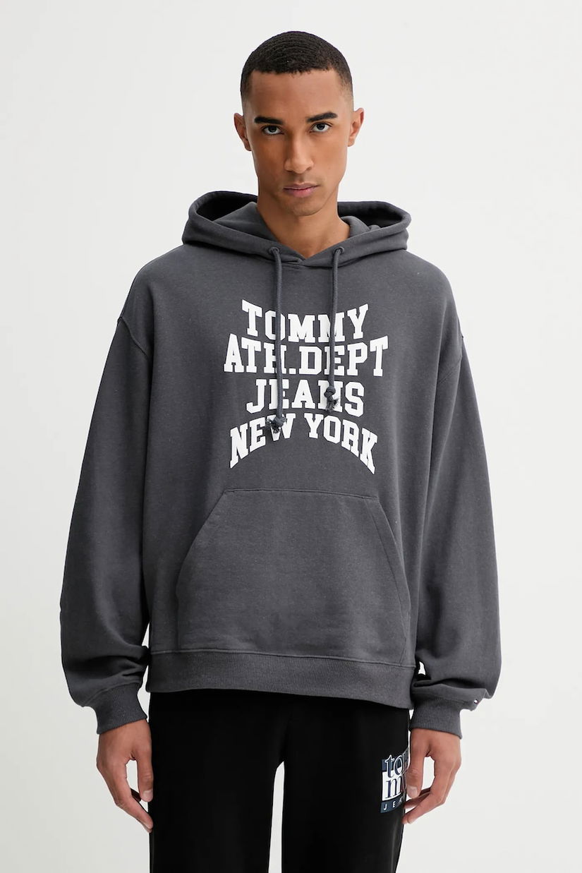 Tommy Jeans hanorac de bumbac culoarea gri, cu glugă, cu imprimeu, DM0DM22082