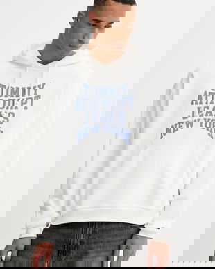 Tommy Jeans hanorac de bumbac culoarea alb, cu glugă, cu imprimeu, DM0DM22082