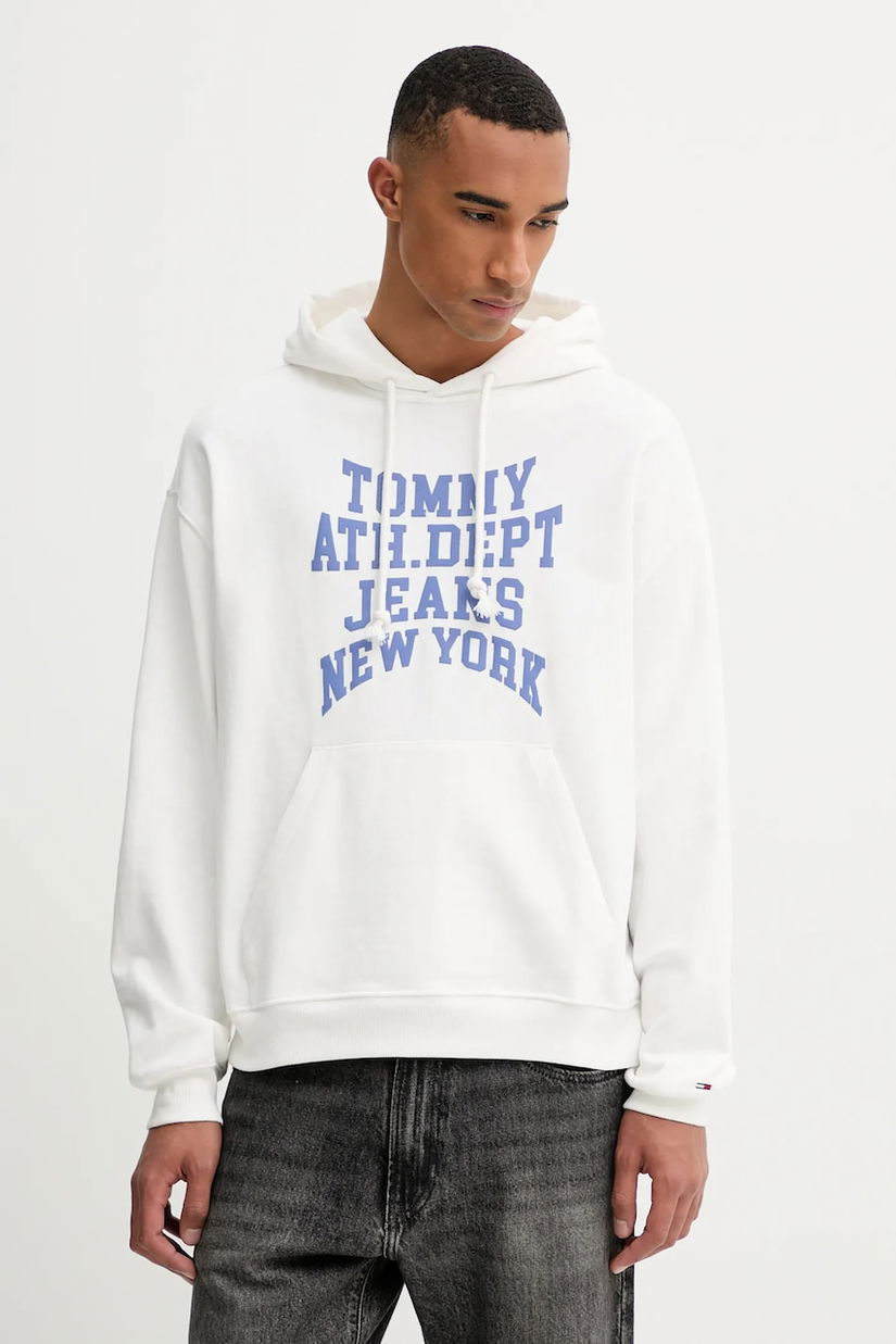 Tommy Jeans hanorac de bumbac culoarea alb, cu glugă, cu imprimeu, DM0DM22082