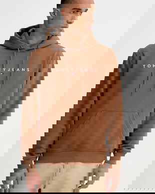 Tommy Jeans bluză culoarea bej, cu glugă, cu imprimeu, DM0DM20746