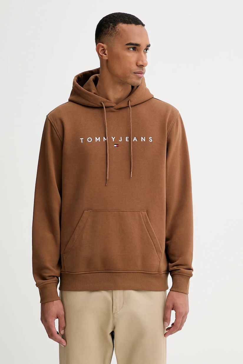 Tommy Jeans bluză culoarea bej, cu glugă, cu imprimeu, DM0DM20746