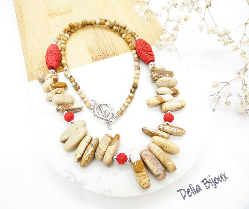 Colier statement handmade unicat - jasp si cinabru (cod1281)