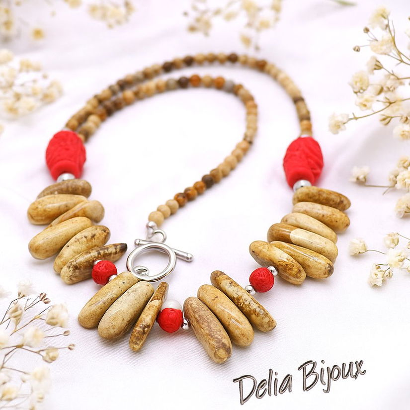 Colier statement handmade unicat - jasp si cinabru (cod1281)