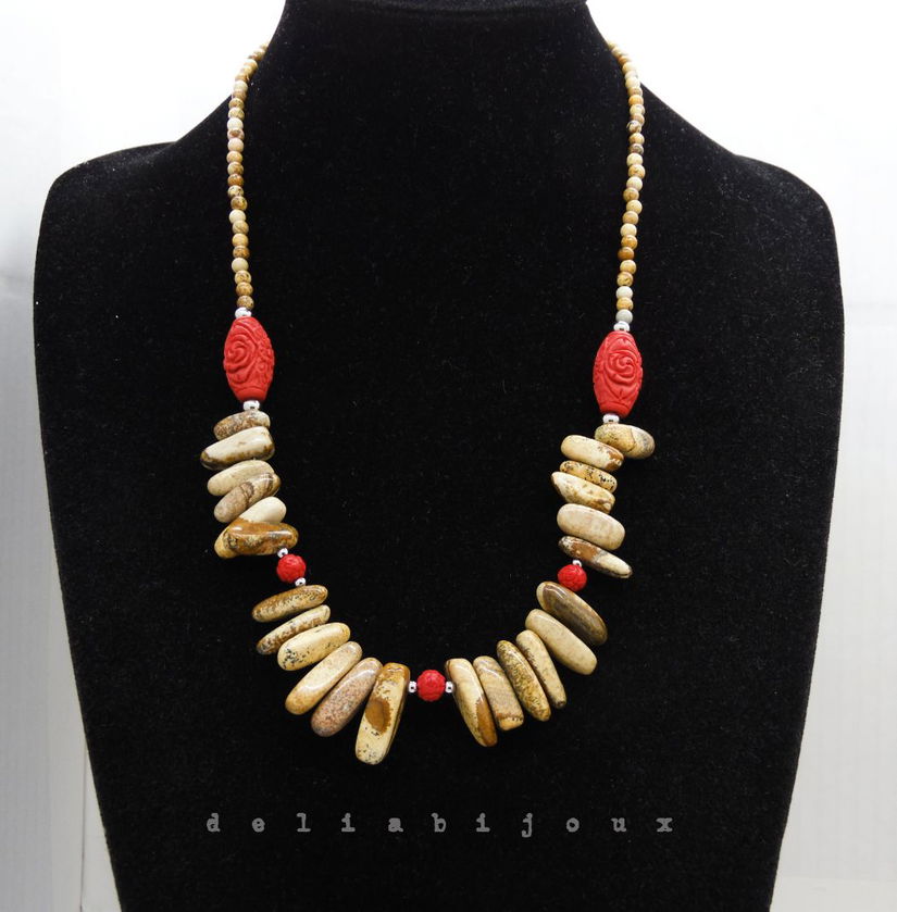 Colier statement handmade unicat - jasp si cinabru (cod1281)