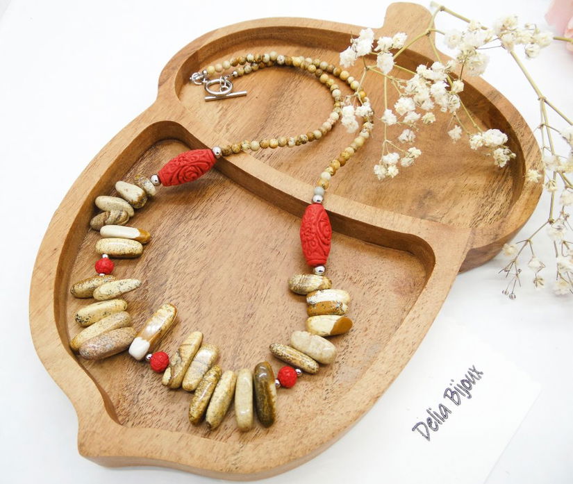 Colier statement handmade unicat - jasp si cinabru (cod1281)