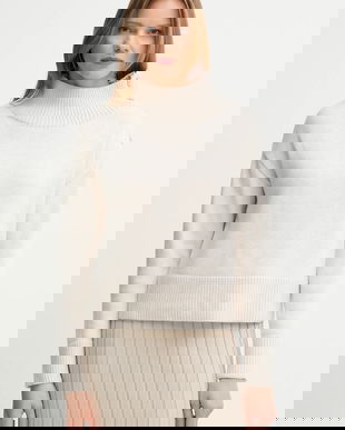 OUI pulover din amestec de lana femei, culoarea bej, cu turtleneck, 89178