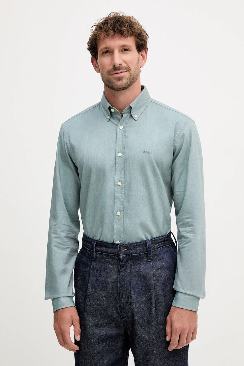 BOSS Orange camasa din bumbac barbati, culoarea verde, cu guler button-down, regular, 50519707