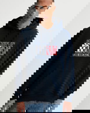 Tommy Jeans hanorac de bumbac culoarea bleumarin, cu glugă, cu imprimeu, DM0DM22092