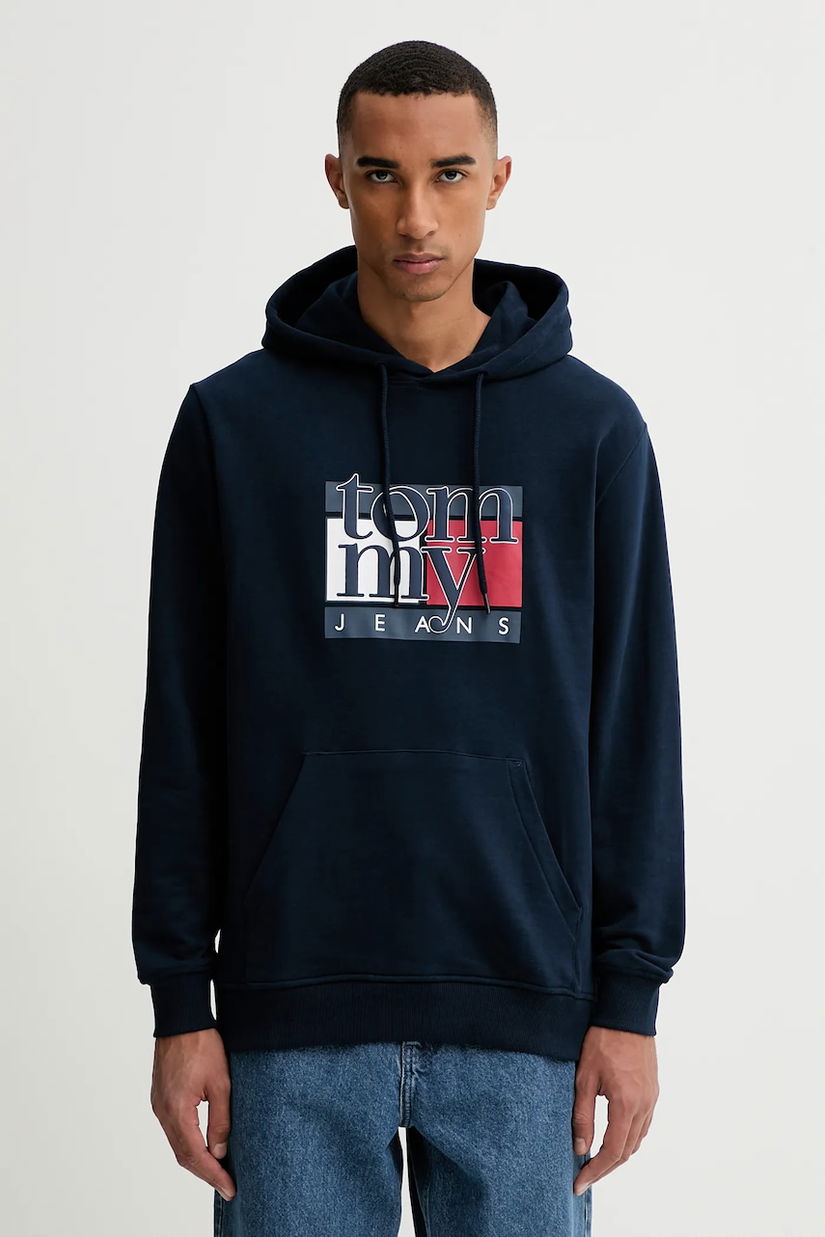 Tommy Jeans hanorac de bumbac culoarea bleumarin, cu glugă, cu imprimeu, DM0DM22092