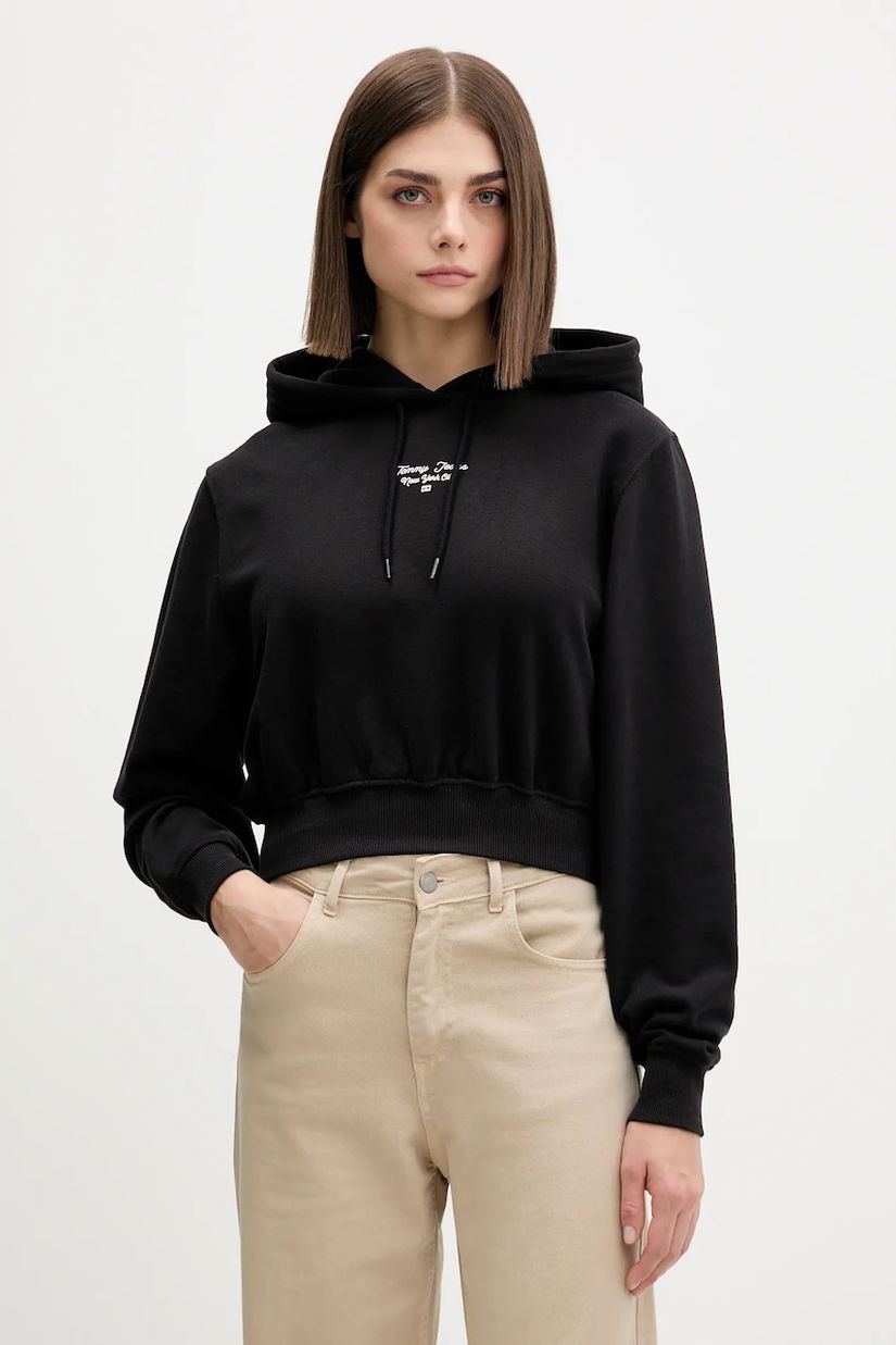 Tommy Jeans hanorac de bumbac culoarea negru, cu glugă, cu imprimeu, DW0DW22170