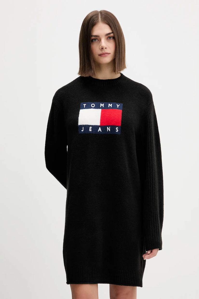 Tommy Jeans rochie din amestec de lână culoarea negru, mini, oversize, DW0DW21462