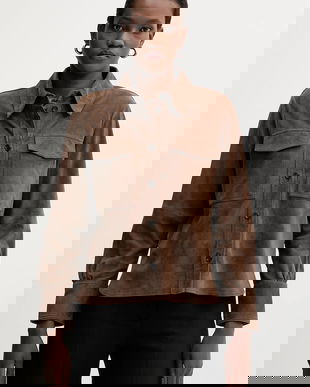 Marella cămașă de piele întoarsă culoarea maro, cu guler clasic, regular, 2523446041200