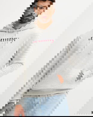 Tommy Jeans hanorac de bumbac culoarea gri, cu glugă, cu imprimeu, DM0DM22113