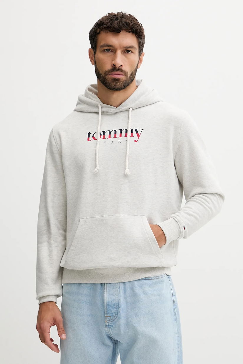 Tommy Jeans hanorac de bumbac culoarea gri, cu glugă, cu imprimeu, DM0DM22113