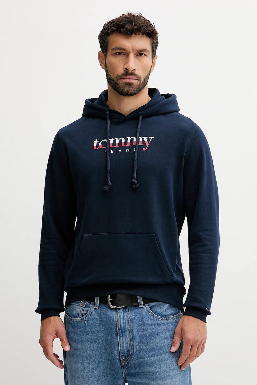 Tommy Jeans hanorac de bumbac culoarea bleumarin, cu glugă, cu imprimeu, DM0DM22113