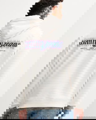 Tommy Jeans hanorac de bumbac culoarea bej, cu glugă, cu imprimeu, DM0DM22112