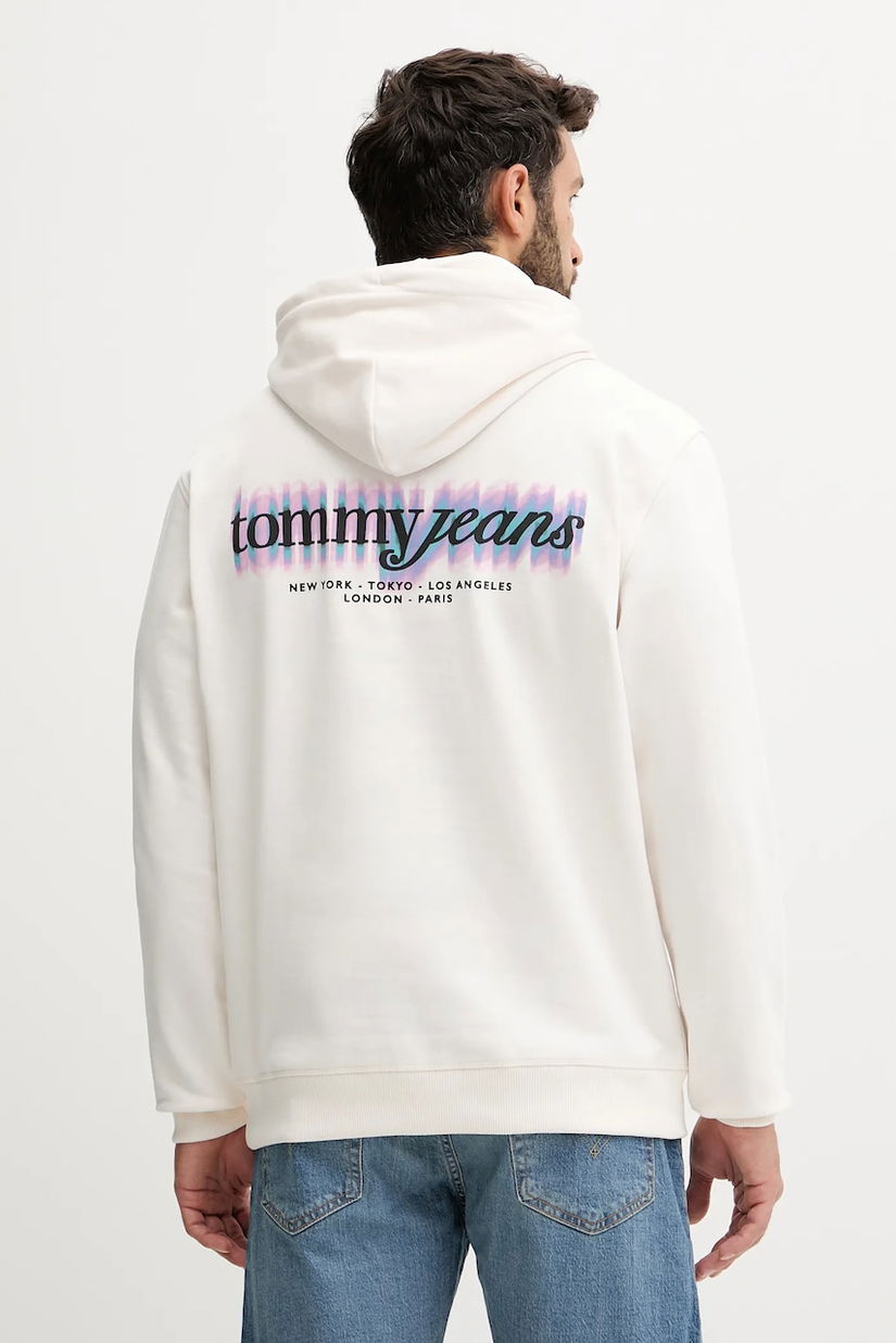 Tommy Jeans hanorac de bumbac culoarea bej, cu glugă, cu imprimeu, DM0DM22112