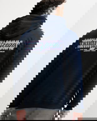 Tommy Jeans hanorac de bumbac culoarea bleumarin, cu glugă, cu imprimeu, DM0DM22112