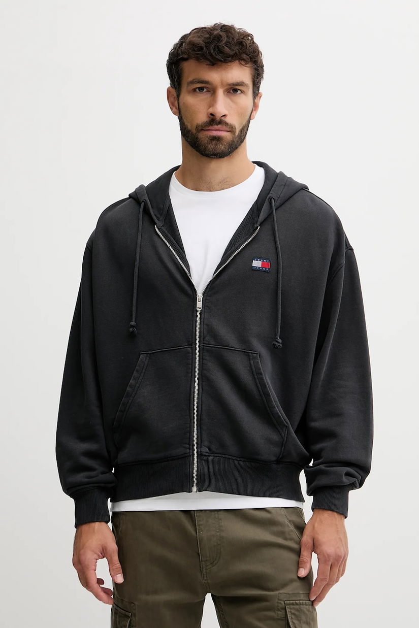 Tommy Jeans hanorac de bumbac culoarea gri, cu glugă, cu imprimeu, DM0DM22080