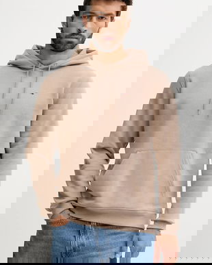 Tommy Jeans bluză culoarea bej, cu glugă, uni, DM0DM20742