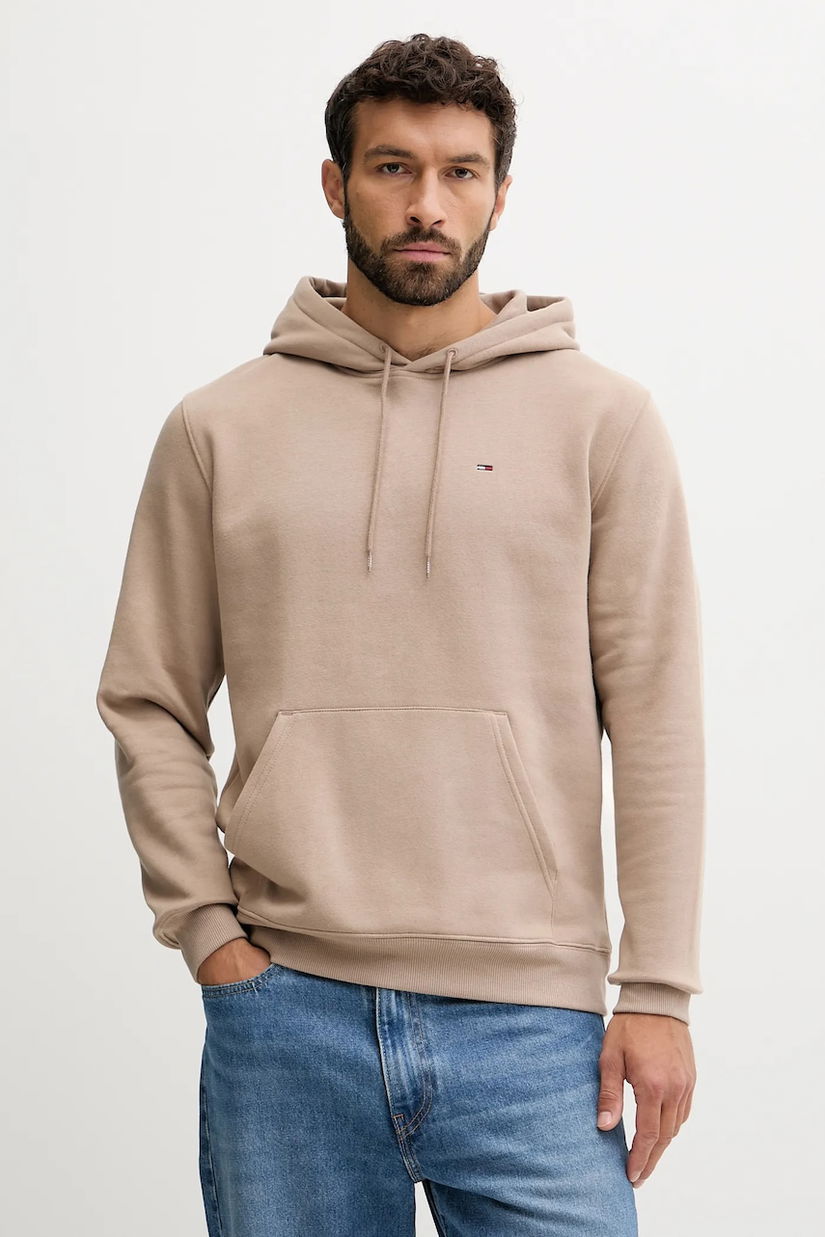 Tommy Jeans bluză culoarea bej, cu glugă, uni, DM0DM20742