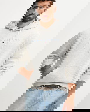 Tommy Jeans bluză culoarea bej, cu glugă, cu imprimeu, DM0DM20746