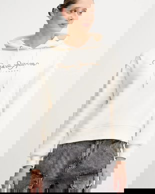 Pepe Jeans bluza culoarea bej, cu glugă, cu imprimeu, PL5800001