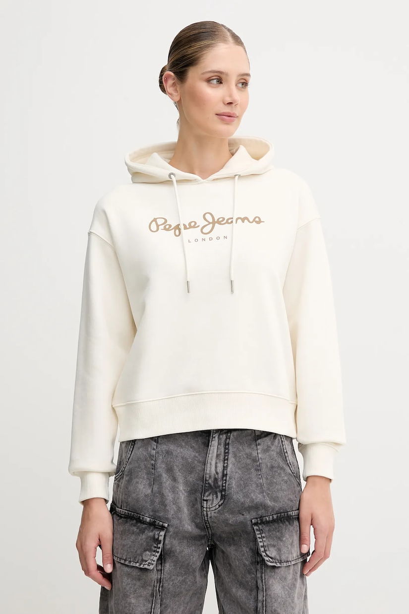 Pepe Jeans bluza culoarea bej, cu glugă, cu imprimeu, PL5800001
