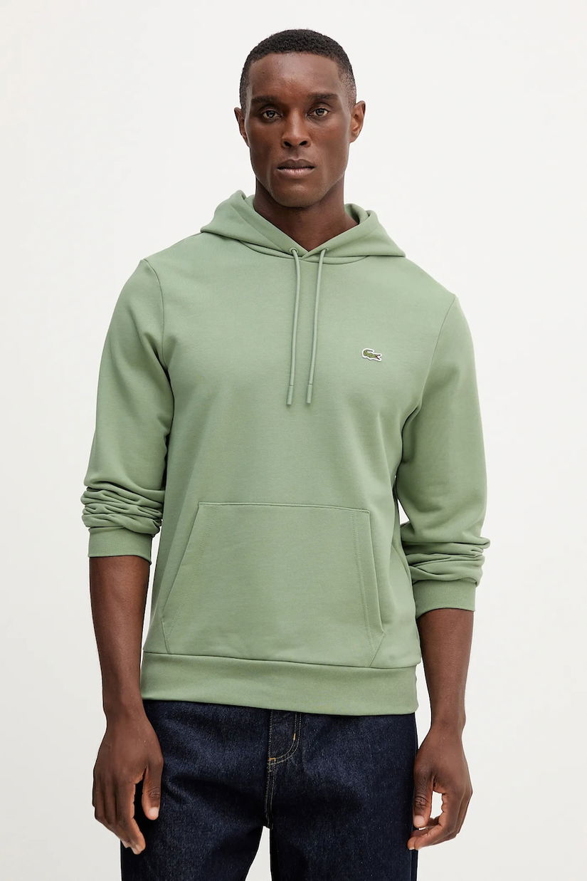 Lacoste hanorac de bumbac culoarea verde, cu glugă, uni, SH9839