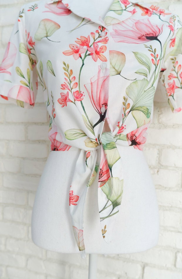 Camasa Crop cu Nod Imprimeu Maci