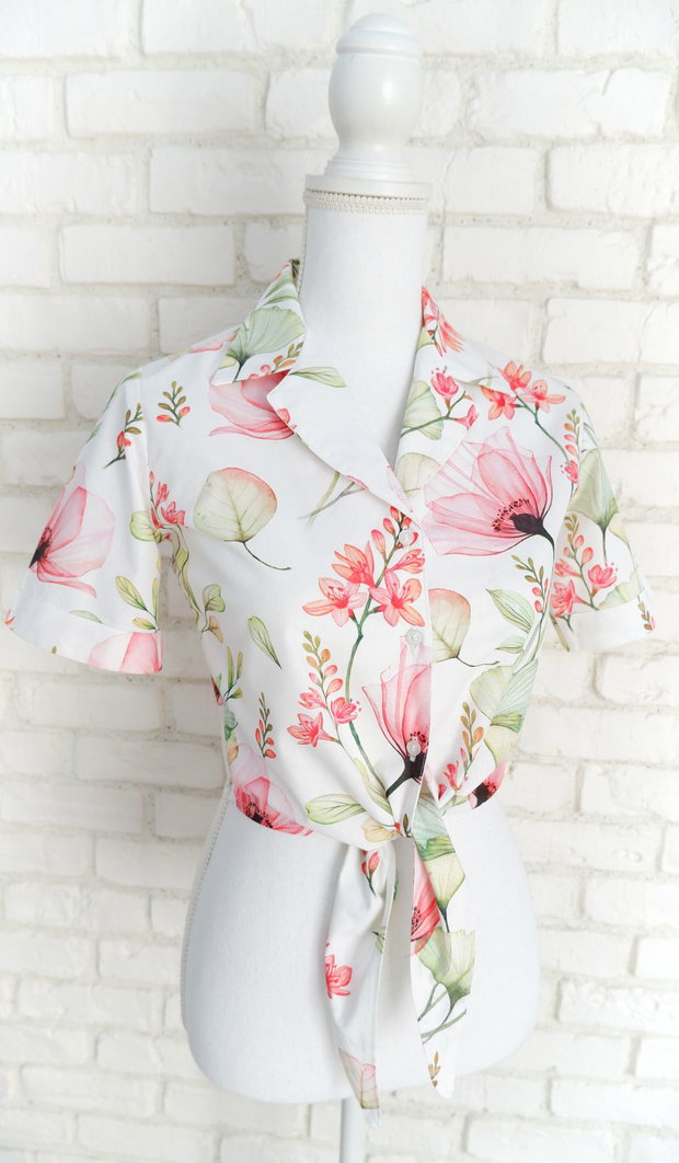 Camasa Crop cu Nod Imprimeu Maci