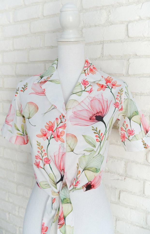 Camasa Crop cu Nod Imprimeu Maci