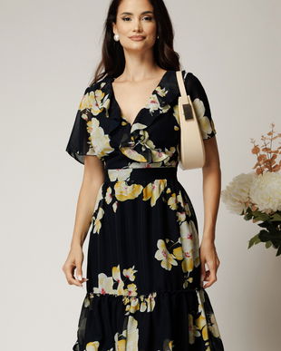 Rochie midi bleumarin din voal cu flori galbene si volane